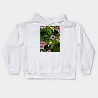 Toucans amd tropical flora, green and pink Kids Hoodie